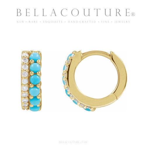 (NEW) BELLA COUTURE® ANNALISA DIAMOND NATURAL TURQUOISE GEMSTONE 14K YELLOW GOLD HUGGIE HOOP EARRINGS (12 MM)