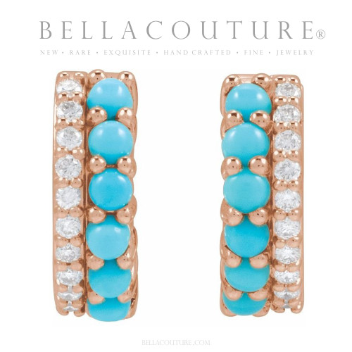 (NEW) BELLA COUTURE® ANNALISA DIAMOND NATURAL TURQUOISE GEMSTONE 14K YELLOW GOLD HUGGIE HOOP EARRINGS (12 MM)