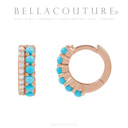 (NEW) BELLA COUTURE® ANNALISA DIAMOND NATURAL TURQUOISE GEMSTONE 14K ROSE GOLD HUGGIE HOOP EARRINGS (12 MM)