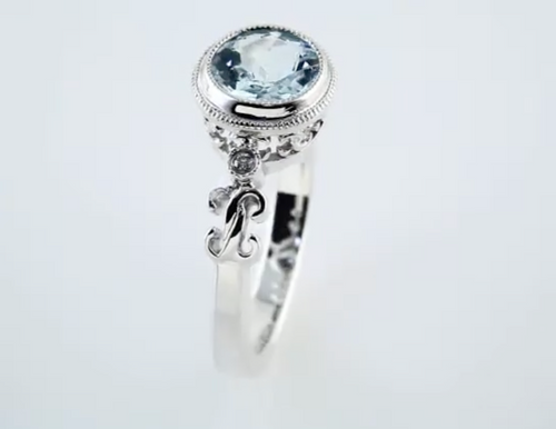 (NEW)BELLA COUTURE Fine Genuine Aquamarine & Diamond 14k White Gold Filigree Ring