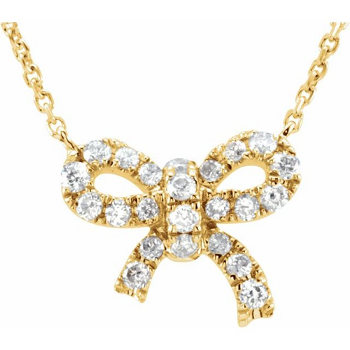 (NEW) BELLA COUTURE LE PETITE BOW Gorgeous Fine (23) Diamond 14K Yellow Gold Necklace (1/6 ct. tw.)(18" in Length)