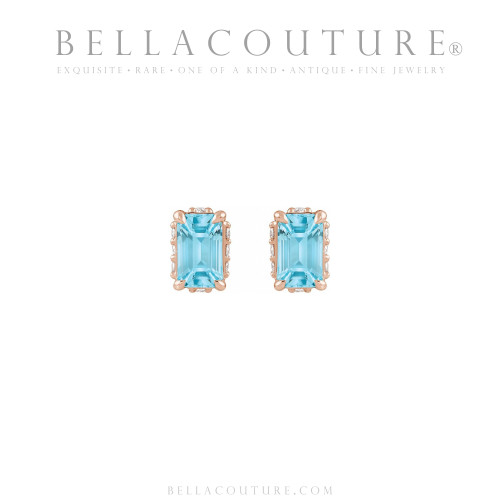 (NEW) BELLA COUTURE® ISABELLA NATURAL DIAMOND SKY BLUE TOPAZ 14K ROSE GOLD POST EARRINGS (6.5MM x 4MM)