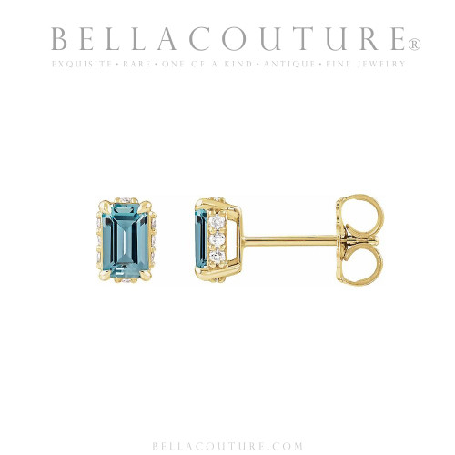 (NEW) BELLA COUTURE® ISABELLA NATURAL DIAMOND AQUAMARINE 14K YELLOW GOLD POST EARRINGS (6.5MM x 4MM)
