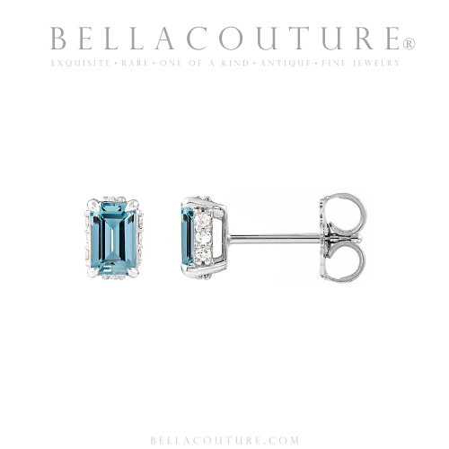 (NEW) BELLA COUTURE® ISABELLA NATURAL DIAMOND AQUAMARINE 14K WHITE GOLD POST EARRINGS (6.5MM x 4MM)