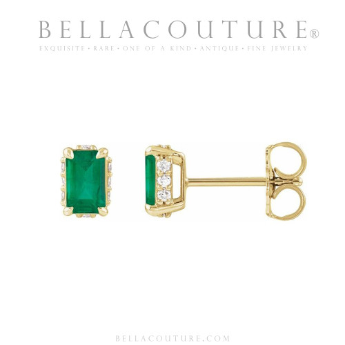 (NEW) BELLA COUTURE® ISABELLA NATURAL DIAMOND EMERALD 14K YELLOW GOLD POST EARRINGS (6.5MM x 4MM)