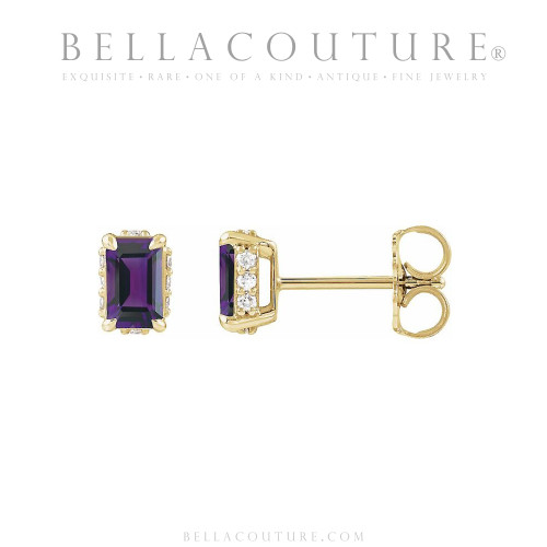 (NEW) BELLA COUTURE® ISABELLA NATURAL DIAMOND AMETHYST 14K YELLOW GOLD POST EARRINGS (6.5MM x 4MM)