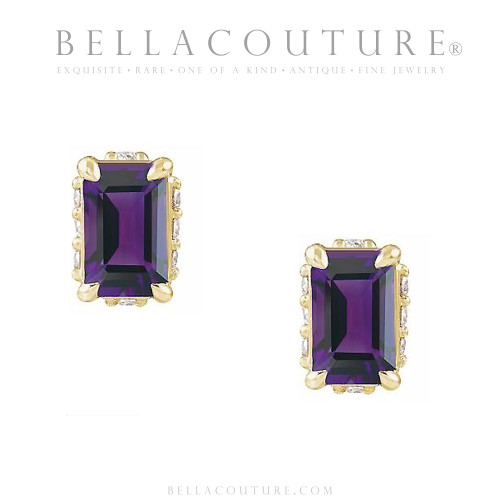 (NEW) BELLA COUTURE® ISABELLA NATURAL DIAMOND AMETHYST 14K YELLOW GOLD POST EARRINGS (6.5MM x 4MM)