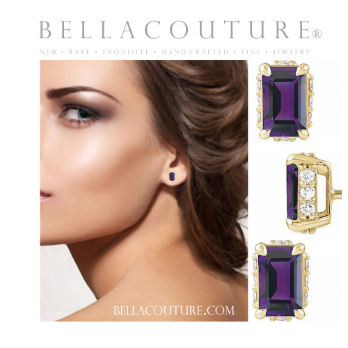 (NEW) BELLA COUTURE® ISABELLA NATURAL DIAMOND AMETHYST 14K YELLOW GOLD POST EARRINGS (6.5MM x 4MM)