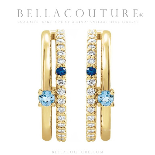 (NEW) BELLA COUTURE® LILLIANNA NATURAL DIAMOND AQUAMARINE SAPPHIRE 14K YELLOW GOLD POST HOOP EARRINGS (16MM)