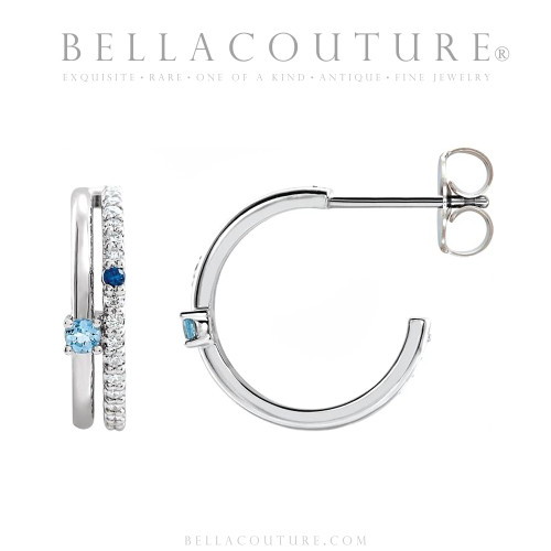 (NEW) BELLA COUTURE® LILLIANNA NATURAL DIAMOND AQUAMARINE SAPPHIRE 14K WHITE GOLD POST HOOP EARRINGS (16MM)