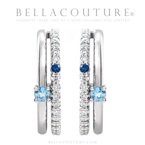 (NEW) BELLA COUTURE® LILLIANNA NATURAL DIAMOND AQUAMARINE SAPPHIRE 14K WHITE GOLD POST HOOP EARRINGS (16MM)