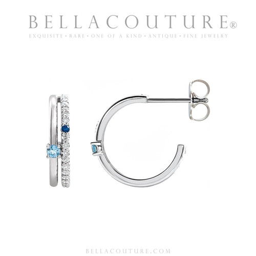 (NEW) BELLA COUTURE® LILLIANNA NATURAL DIAMOND AQUAMARINE SAPPHIRE PLATINUM GOLD POST HOOP EARRINGS (16MM)