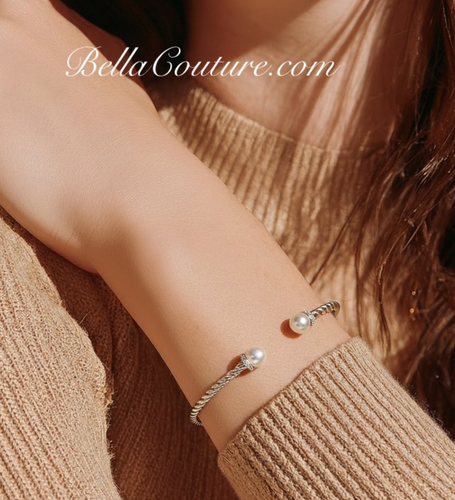 (NEW) BELLA COUTURE® BRIGITTE Twisted Cable 14K White Gold Bangle Bracelet (7", 6.5" Inches - Adjustable)
