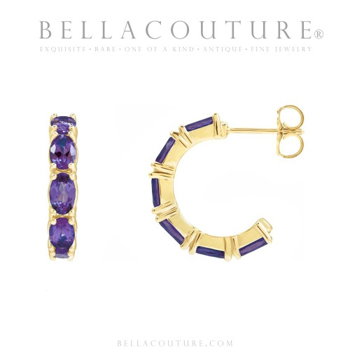 (NEW) BELLA COUTURE® GABRIELLE NATURAL AMETHYST 14K YELLOW GOLD POST HOOP EARRINGS (6.5MM x 4MM)