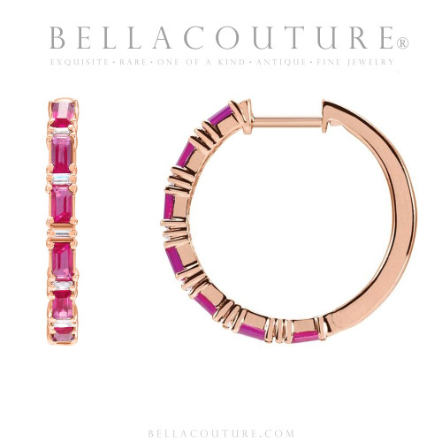(NEW) BELLA COUTURE® DE' CHANEL NATURAL DIAMOND 1 & 1/4 CT RUBY BAGUETTE 14K ROSE GOLD POST HOOP HUGGIE EARRINGS (22MM)