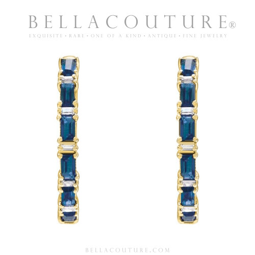 (NEW) BELLA COUTURE® DE' CHANEL NATURAL DIAMOND 1 & 1/4 CT BLUE SAPPHIRE BAGUETTE 14K YELLOW GOLD POST HOOP HUGGIE EARRINGS (22MM)
