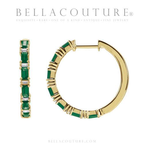(NEW) BELLA COUTURE® DE' CHANEL NATURAL DIAMOND 1 & 1/4 CT EMERALD BAGUETTE 14K YELLOW GOLD POST HOOP HUGGIE EARRINGS (22MM)