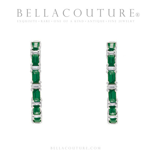 (NEW) BELLA COUTURE® DE' CHANEL NATURAL DIAMOND 1 & 1/4 CT EMERALD BAGUETTE 14K WHITE GOLD POST HOOP HUGGIE EARRINGS (22MM)