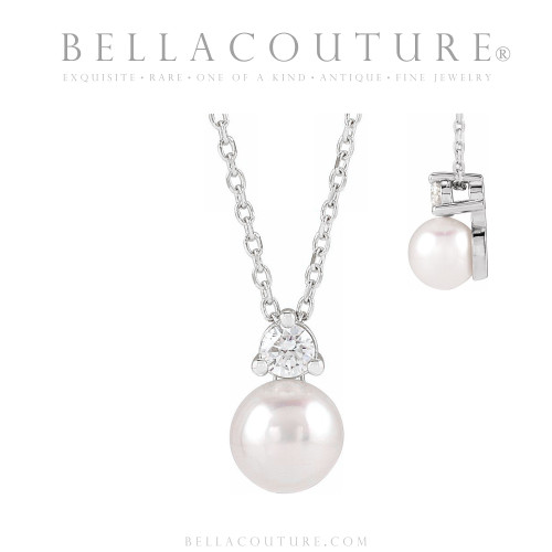 (NEW) BELLA COUTURE® MADISON NATURAL DIAMOND 1/7 CT CULTURED WHITE FRESHWATER PEARL PLATINUM PENDANT NECKLACE (18"-16" Adjustable)