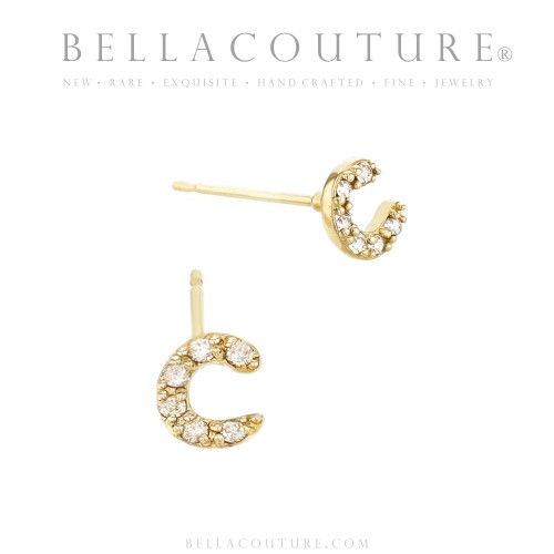 (NEW) BELLA COUTURE ® PALTROW Petite Initial Letter (c) Diamond 14K Yellow Gold Lowercase Italic Cursive Large Alphabet Stud Earring (1PC) (6MM)