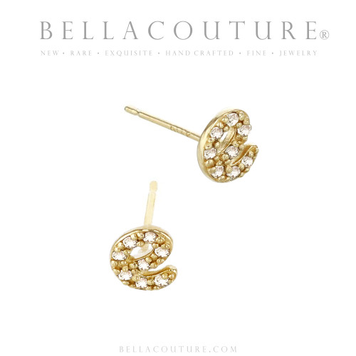 (NEW) BELLA COUTURE ® PALTROW Petite Initial Letter (e) Diamond 14K Yellow Gold Lowercase Italic Cursive Large Alphabet Stud Earring (1PC) (6.2MM)