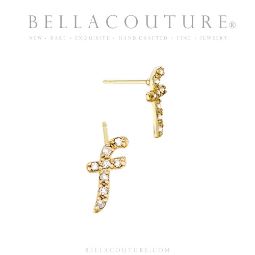 (NEW) BELLA COUTURE ® PALTROW Petite Initial Letter (f) Diamond 14K Yellow Gold Lowercase Italic Cursive Large Alphabet Stud Earring (1PC) (10.5MM)