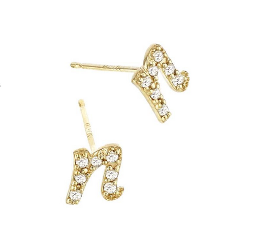 (NEW) BELLA COUTURE ® PALTROW Petite & Dainty Initial Letter (n) Diamond 14K Yellow Gold Lowercase Italic Cursive Large Alphabet Stud Earring (1PC) (6MM)