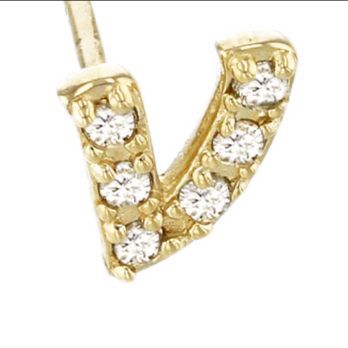 (NEW) BELLA COUTURE ® PALTROW Petite & Dainty Initial Letter (v) Diamond 14K Yellow Gold Lowercase Italic Cursive Large Alphabet Stud Earring (1PC) (6.6MM)