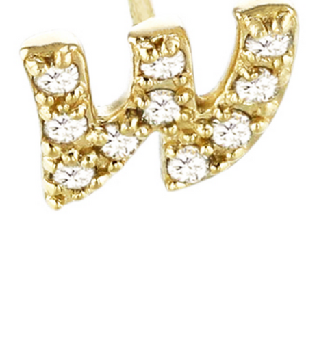 (NEW) BELLA COUTURE ® PALTROW Petite & Dainty Initial Letter (w) Diamond 14K Yellow Gold Lowercase Italic Cursive Large Alphabet Stud Earring (1PC) (6MM)
