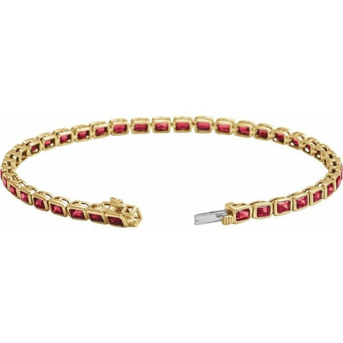 (NEW) BELLA COUTURE® ASHLEY 5CT RUBY BAGUETTE 14K YELLOW GOLD LINE TENNIS BRACELET (7")