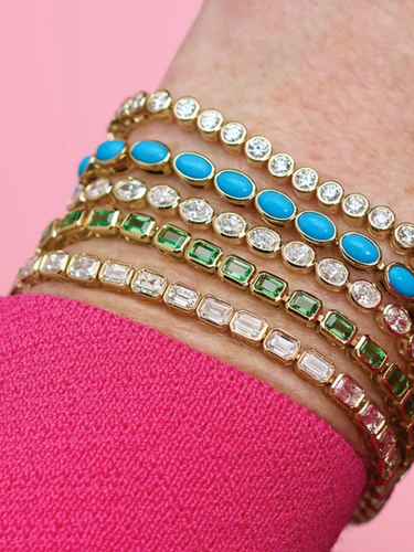 (NEW) BELLA COUTURE® ASHLEY 5CT RUBY BAGUETTE 14K YELLOW GOLD LINE TENNIS BRACELET (7")