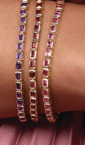 (NEW) BELLA COUTURE® ASHLEY 5CT GARNET BAGUETTE 14K YELLOW GOLD LINE TENNIS BRACELET (7")