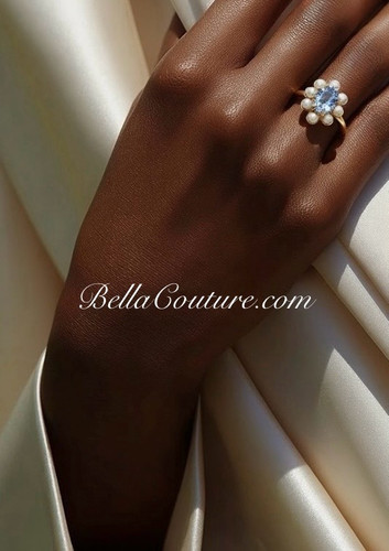 (NEW) BELLA COUTURE® ALEXANDRIA Oval Natural Tanzanite Pearl 14K Yellow Gold Ring Band