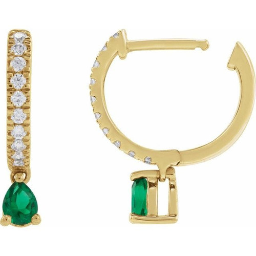 (NEW) BELLA COUTURE® CATHERINE Teardrop Natural Emerald 1/4 CT Diamond 14K Yellow Gold Huggie Hoop Dangle Drop Earrings