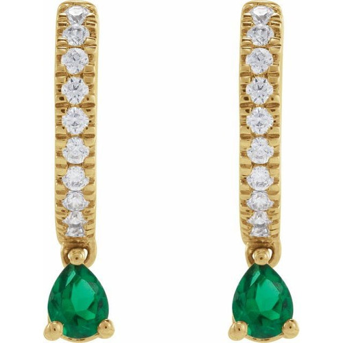 (NEW) BELLA COUTURE® CATHERINE Teardrop Natural Emerald 1/4 CT Diamond 14K Yellow Gold Huggie Hoop Dangle Drop Earrings