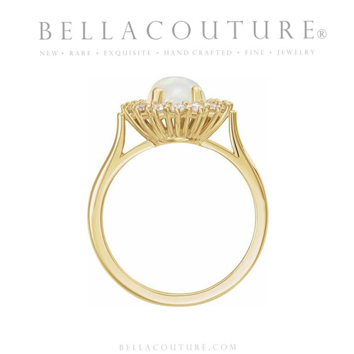 (NEW) BELLA COUTURE PICASSO Natural Opal Cabochon Diamond 14K Yellow Gold Ring