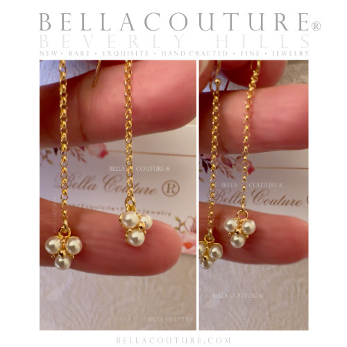 (NEW) BELLA COUTURE® CASHMERE DAINTY WHITE SEED PEARL 14K YELLOW GOLD DANGLE DROP POST CHANDELIER EARRINGS (2")