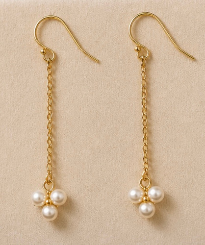 (NEW) BELLA COUTURE® CASHMERE DAINTY WHITE SEED PEARL 14K YELLOW GOLD DANGLE DROP POST CHANDELIER EARRINGS (2")
