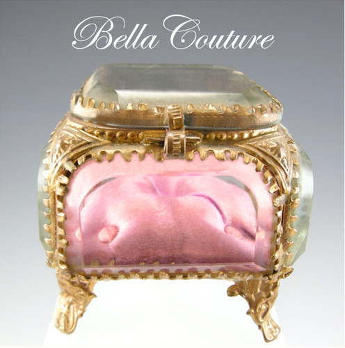 SOLD! - (ANTIQUE) Victorian French Ormolu Beveled Glass Vitrine Original Pink Silk Jewelry Casket Box