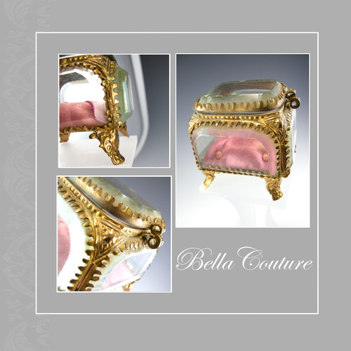 SOLD! - (ANTIQUE) Victorian French Ormolu Beveled Glass Vitrine Original Pink Silk Jewelry Casket Box