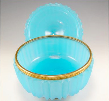 SOLD! - (ANTIQUE) French Turquoise Blue Opaline Glass Ormolu Beaded Mount Box Bowl Art