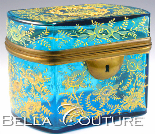 SOLD! - (ANTIQUE) 19c. Moser Blue Art Glass Enamel Jewelry Ormolu Box / Sugar Casket