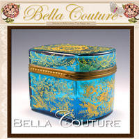 SOLD! - (ANTIQUE) 19c. Moser Blue Art Glass Enamel Jewelry Ormolu Box / Sugar Casket
