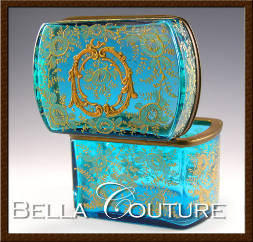 SOLD! - (ANTIQUE) 19c. Moser Blue Art Glass Enamel Jewelry Ormolu Box / Sugar Casket