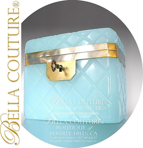SOLD! - (ANTIQUE) French Aqua Seafoam Green Blue Palais Opaline Glass Casket Caddy Ormolu Sugar Box with original Key