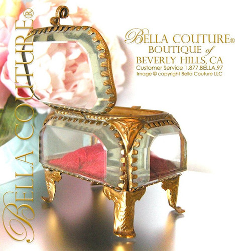 SOLD! - (ANTIQUE) Victorian French Ormolu Beveled Glass Vitrine Jewelry Curio Red Silk Casket Box