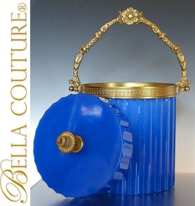 SOLD! - (ANTIQUE) Palais Royal Blue 1850 French Opaline Glass Gilt Ormolu Biscuit Cookie Large Jar Tea Caddy Box