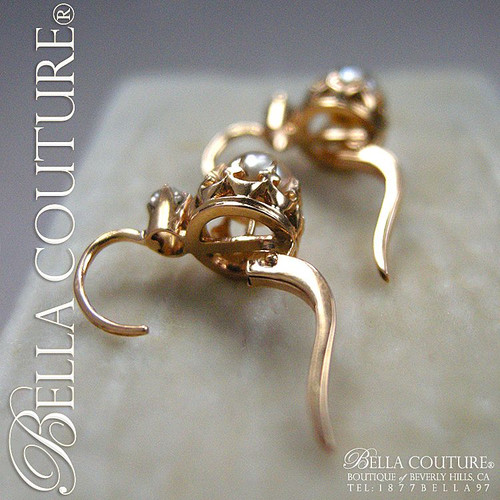 SOLD! - Gorgeous Fine Antique French Victorian circa 1838 18K Rose-Yellow Gold Salt Water Pearl & White Sapphire (Diamond-Cut) Earrings Jewelry Jewellery