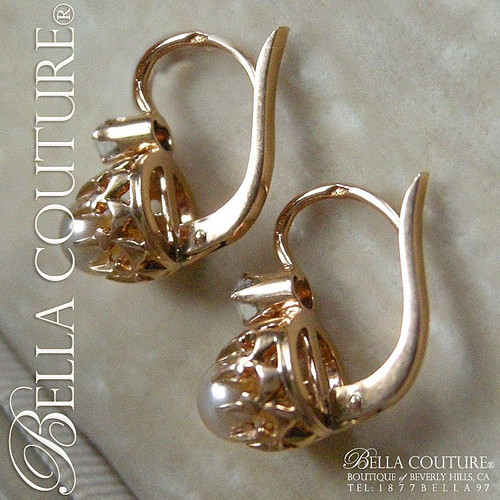 SOLD! - Gorgeous Fine Antique French Victorian circa 1838 18K Rose-Yellow Gold Salt Water Pearl & White Sapphire (Diamond-Cut) Earrings Jewelry Jewellery