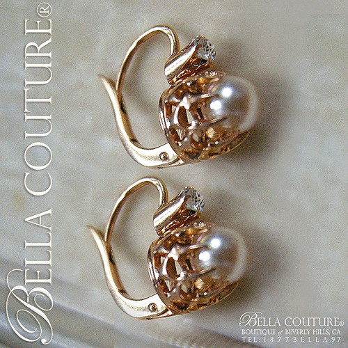 SOLD! - Gorgeous Fine Antique French Victorian circa 1838 18K Rose-Yellow Gold Salt Water Pearl & White Sapphire (Diamond-Cut) Earrings Jewelry Jewellery